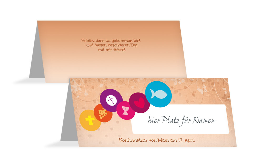 Tischkarte zur Konfirmation bunte Elemente Tischkarte zur Konfirmation bunte Elemente