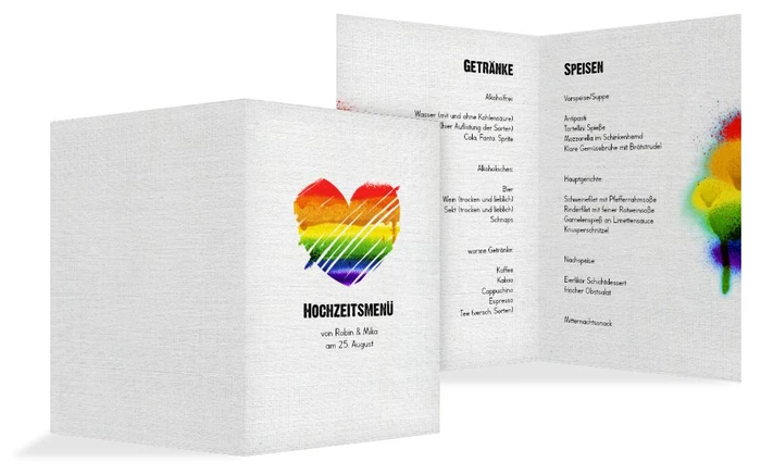 Hochzeitsmenükarte Regenbogenliebe
