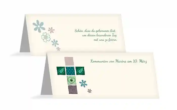 Tischkarte Kommunion Florales Kreuz