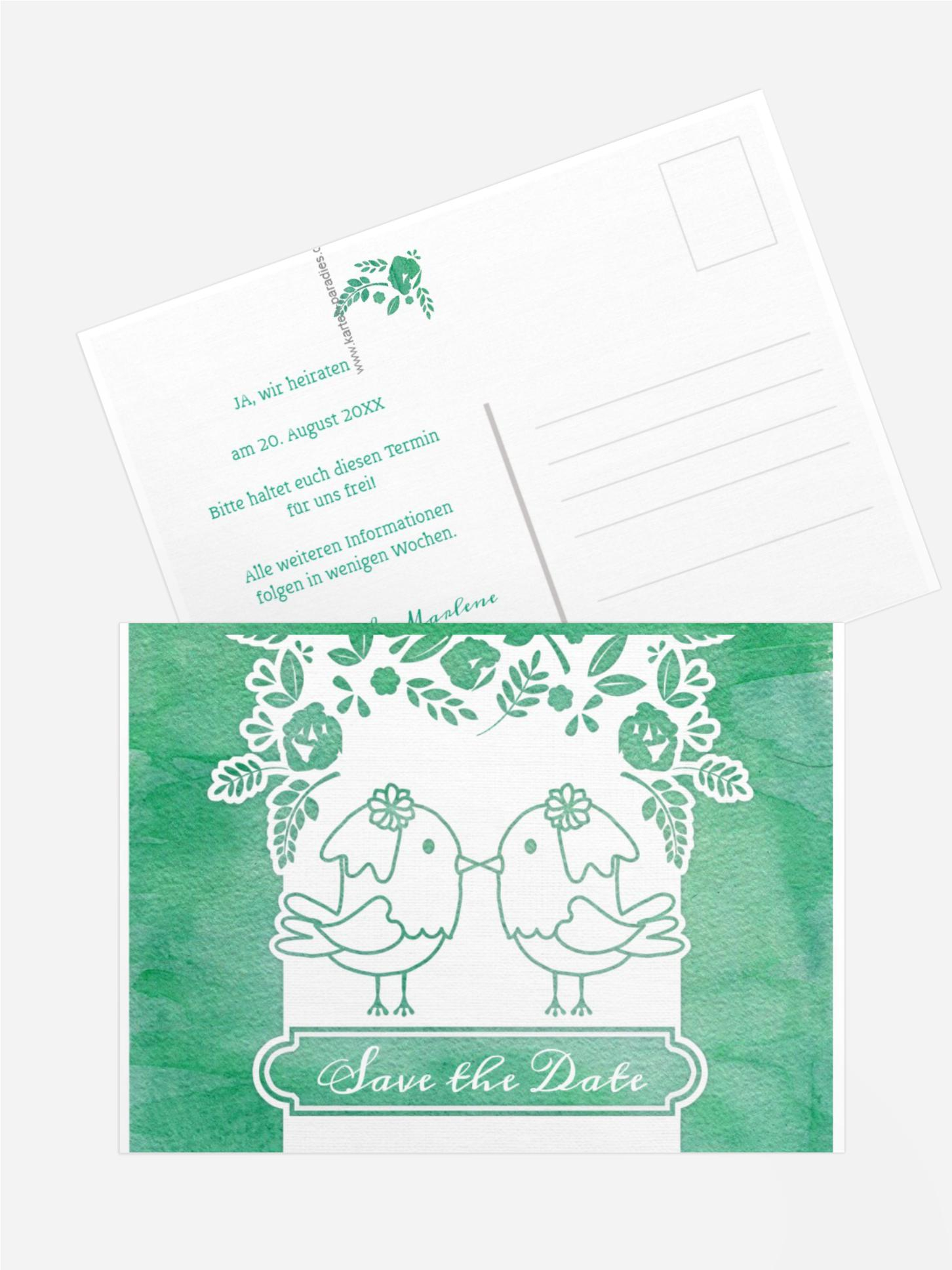 Save the Date Karte zur Hochzeit Vogelpaar Brautkleid