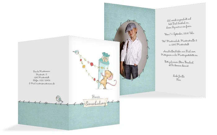 Einschulungskarte Mäuschen und Vogel