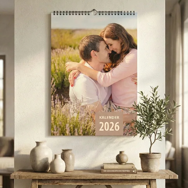 Ein personalisierter Wand-Fotokalender 2026 im A3 Hochformat, hängend über einer rustikalen Holzkommode. Das Deckblatt zeigt ein glückliches Paar in einem Lavendelfeld.