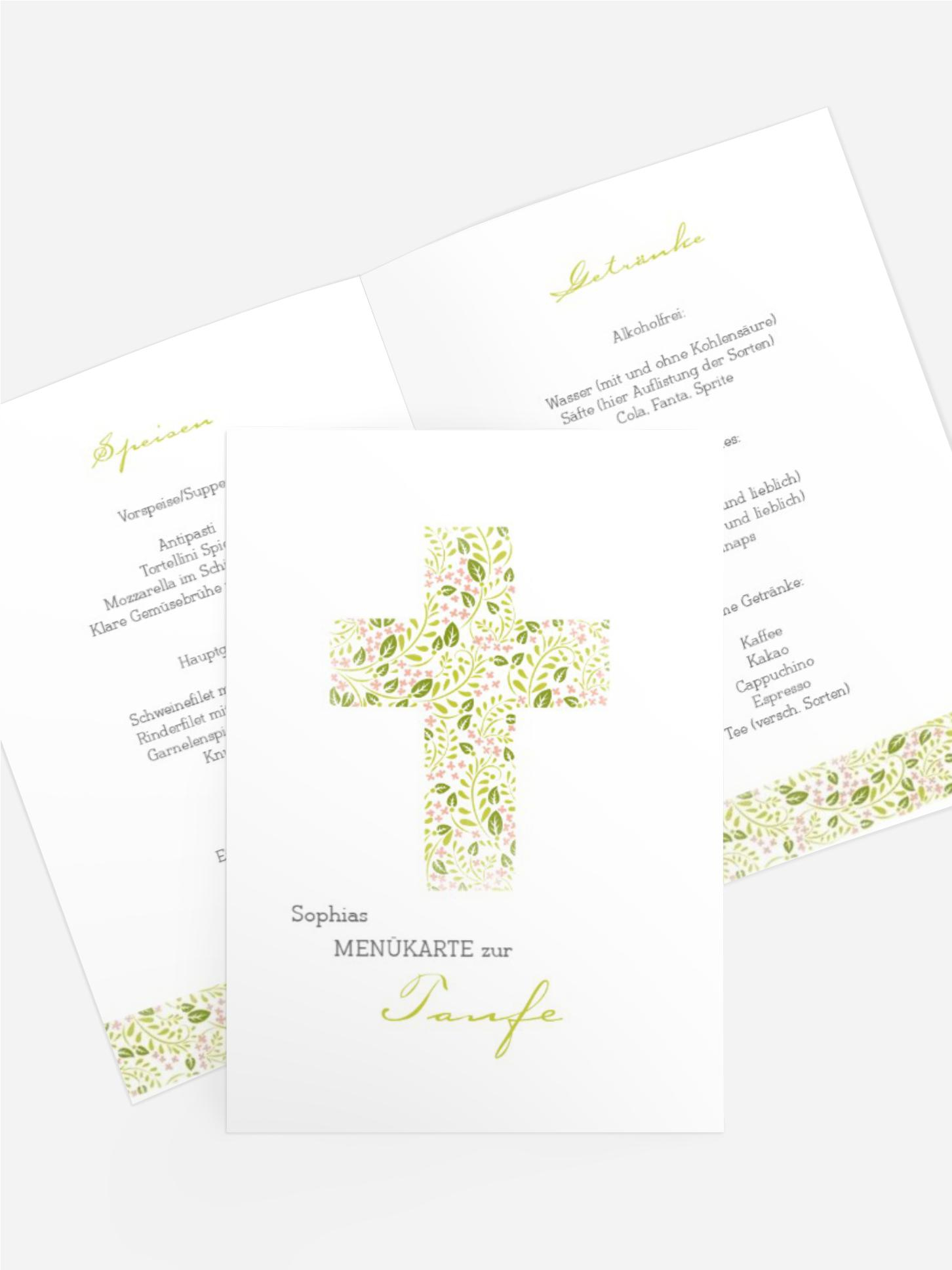 Menükarte Taufe Blumenkreuz