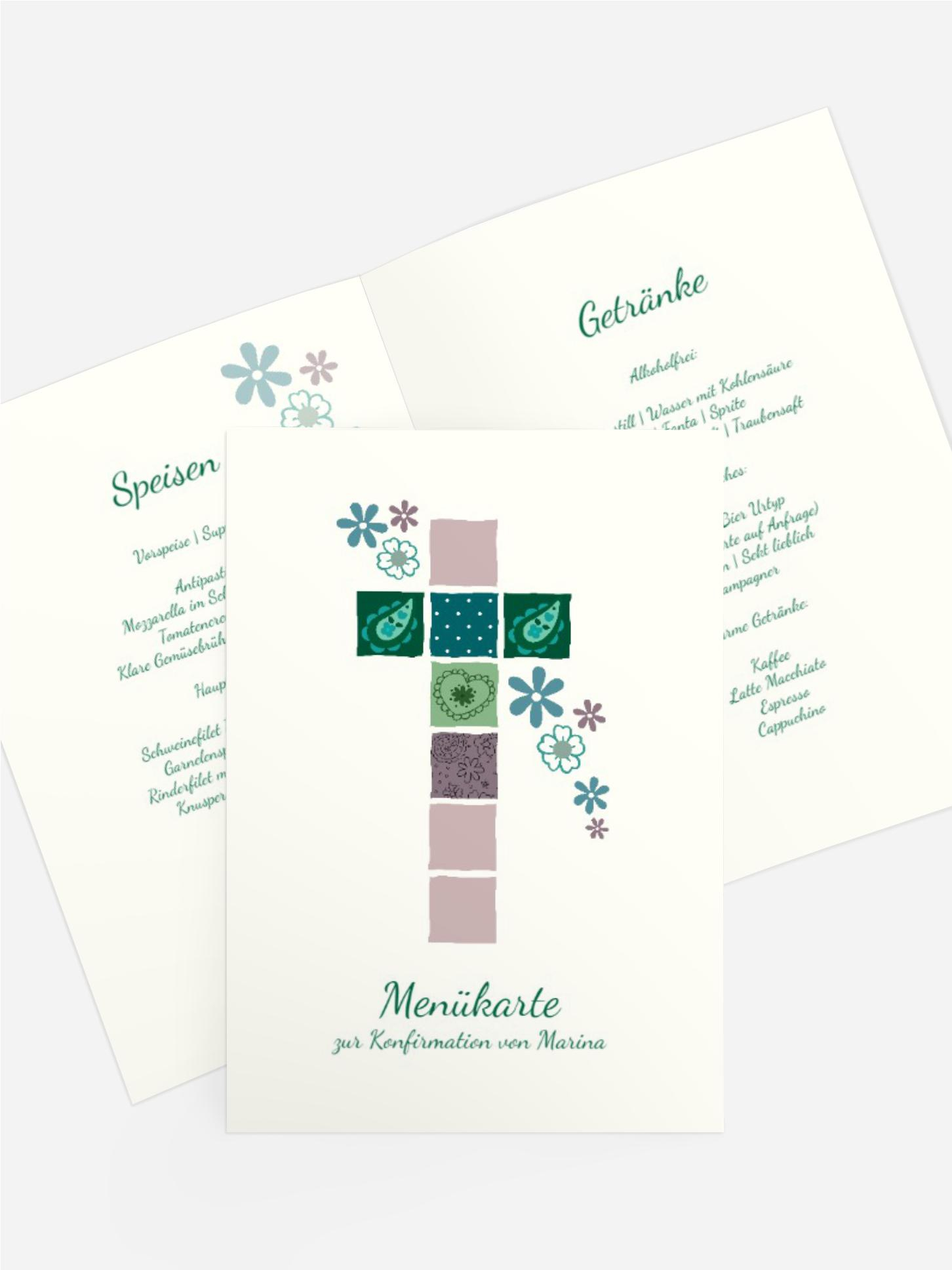Menükarte Konfirmation Florales Kreuz