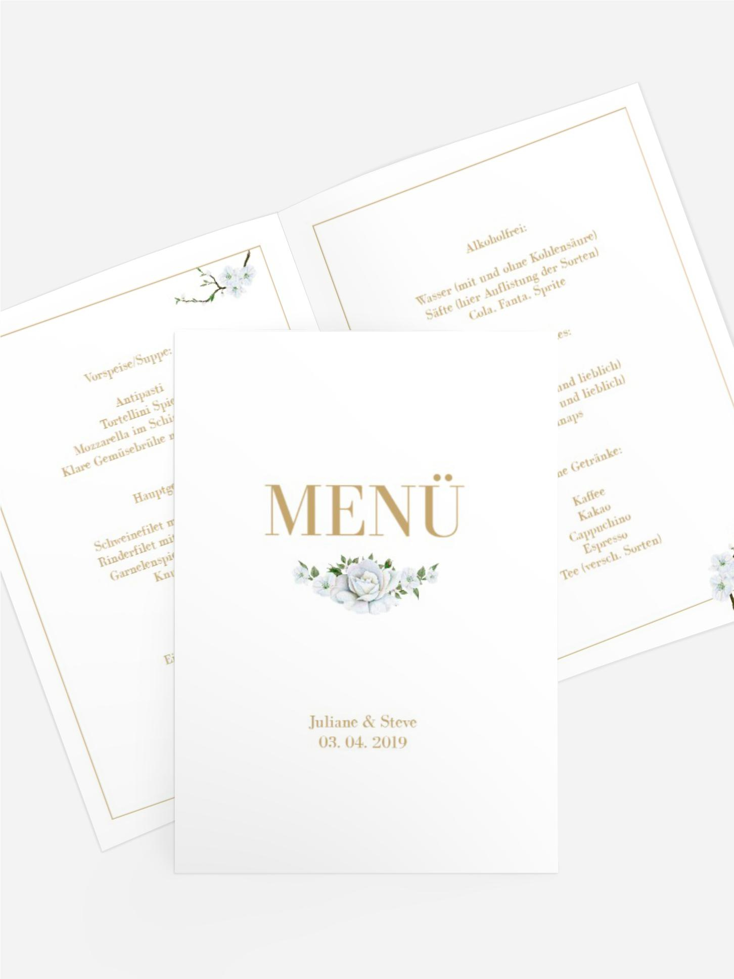 Menükarte zur Hochzeit Weiße Rose