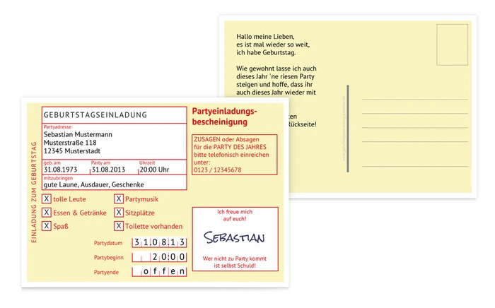 Geburtstag Partyeinladungsbescheinigung