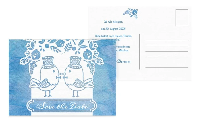 Save the Date Karte zur Hochzeit Vogelpaar Zylinder