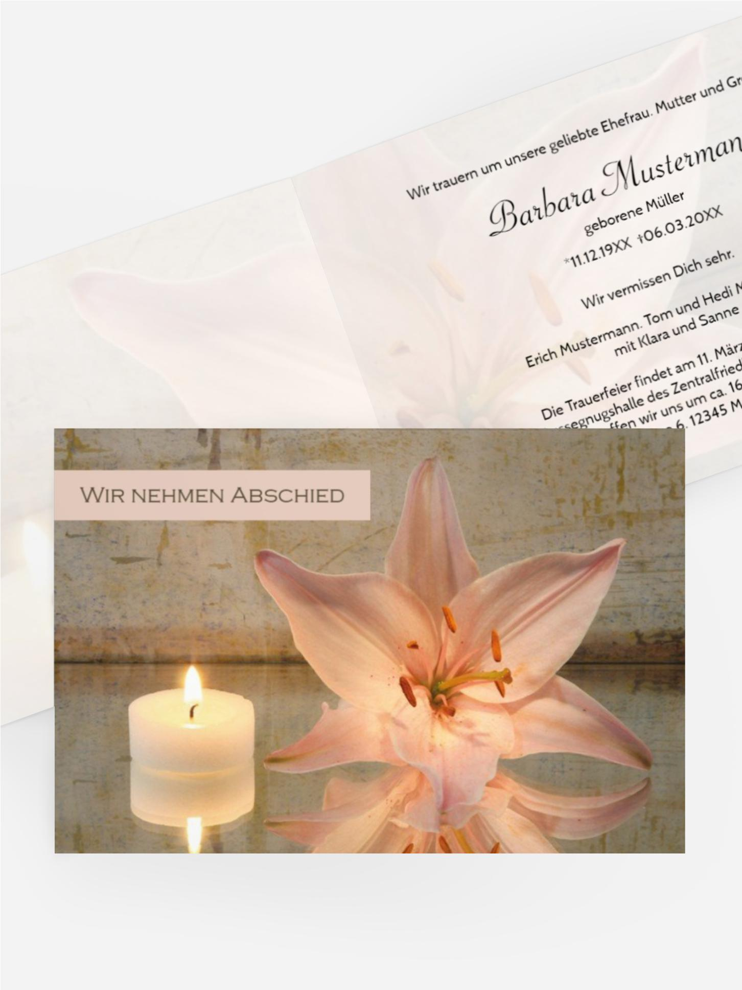 Trauerkarte Kerze und Blume quer