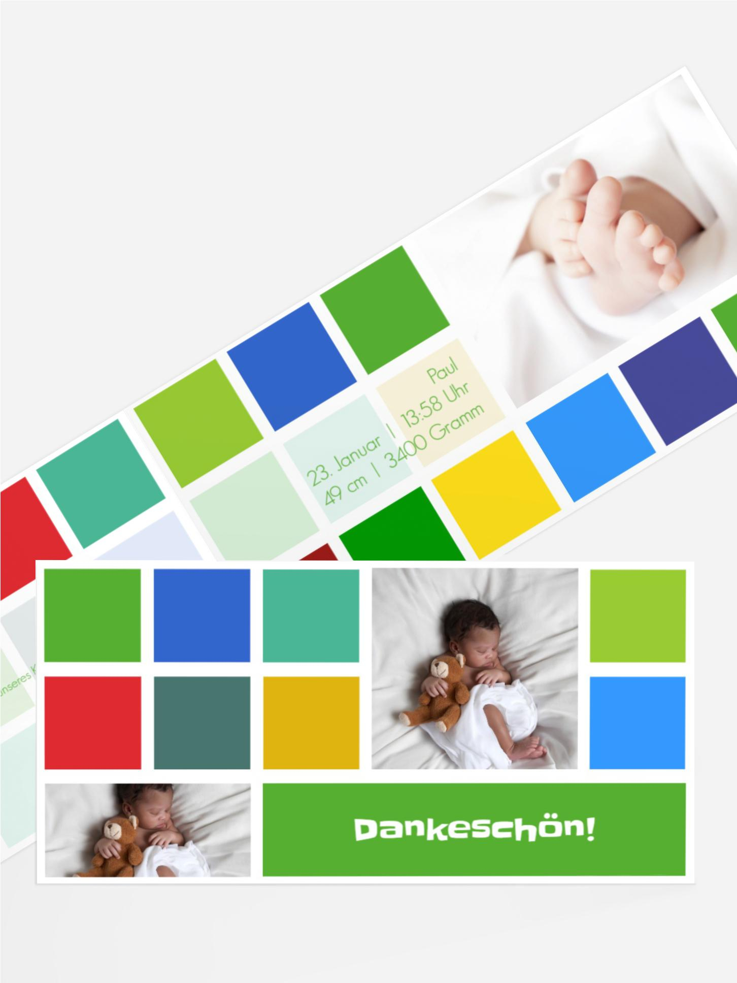 Dankeskarte zur Geburt bunte Würfel