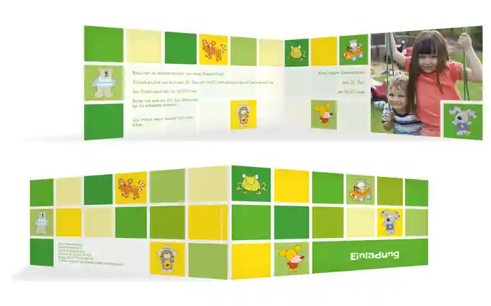 Einladungskarte Tierchen Würfel Foto