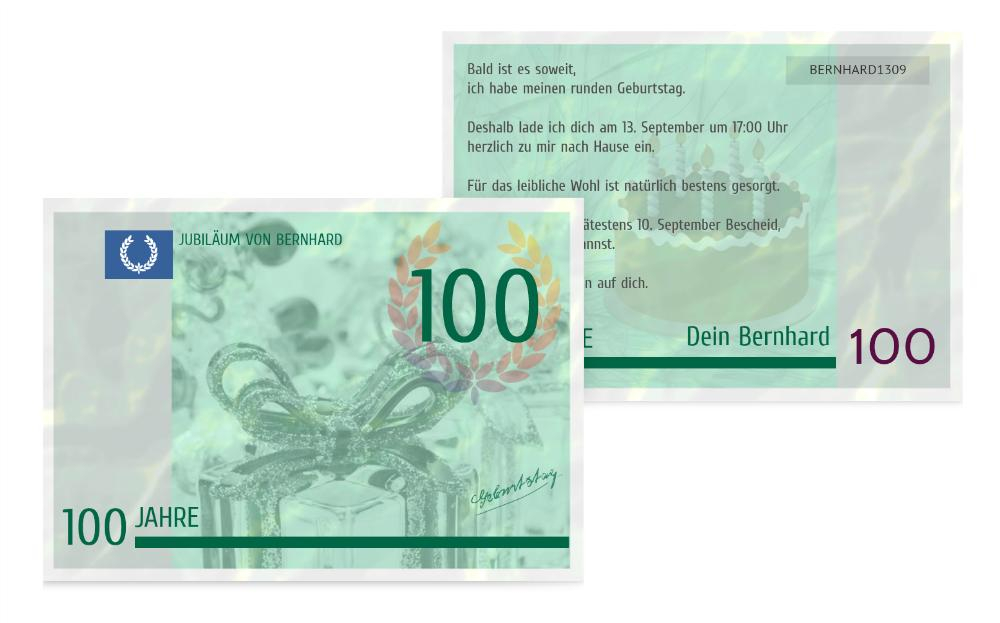 Einladungskarte zum Geburtstag Geldschein 100 Einladungskarte zum Geburtstag Geldschein 100