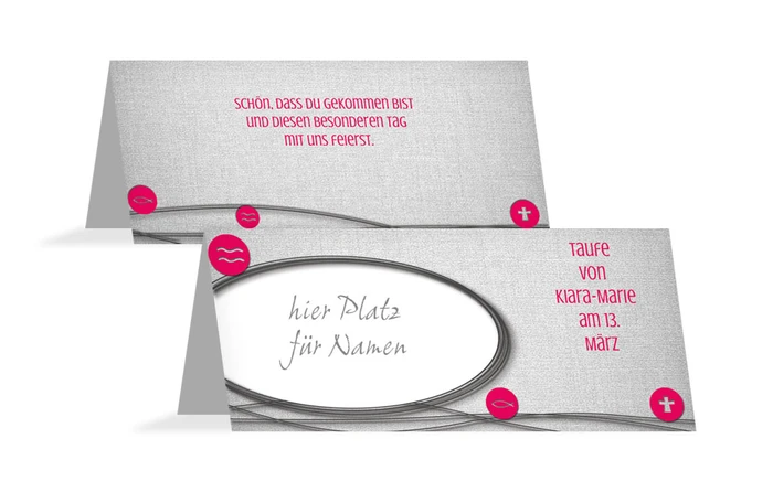 Tischkarte Taufe Taufsymbole an Schnüren Tischkarte Taufe Taufsymbole an Schnüren