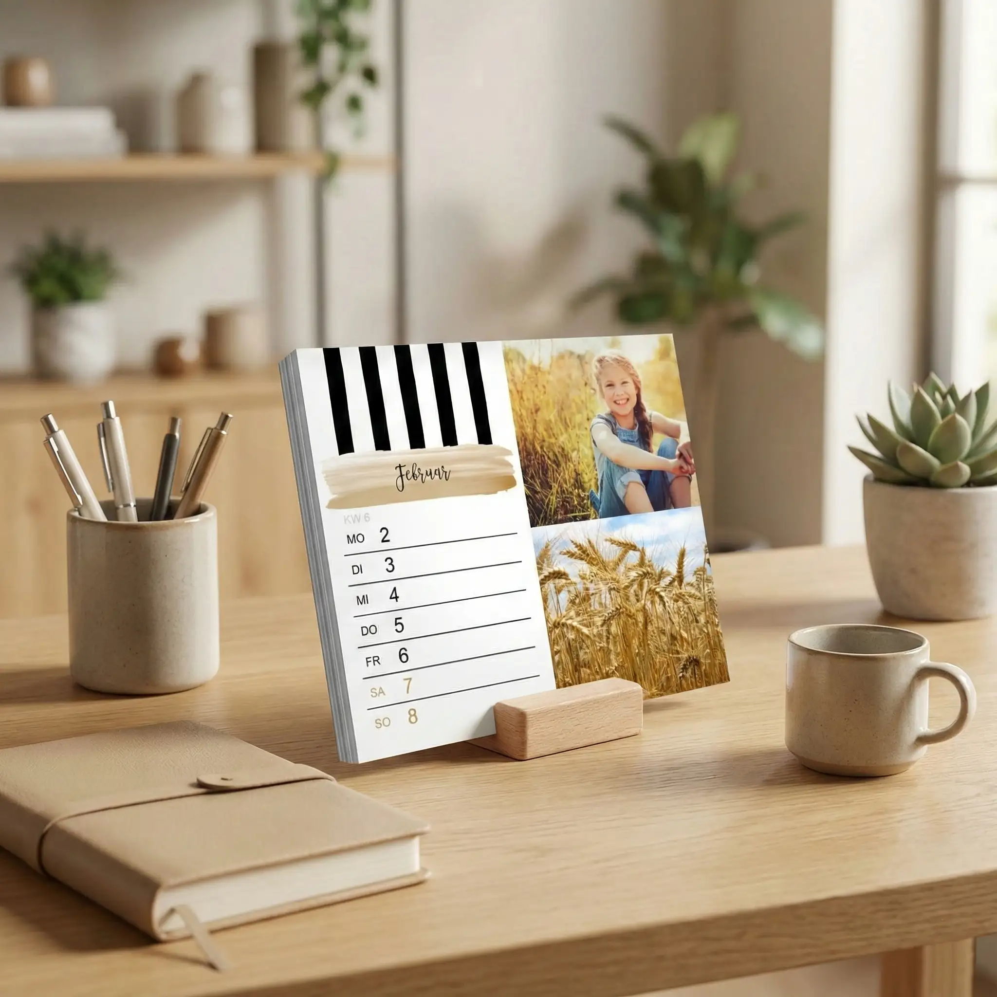 Wochenkalender im Tischkalenderformat mit Holzständer