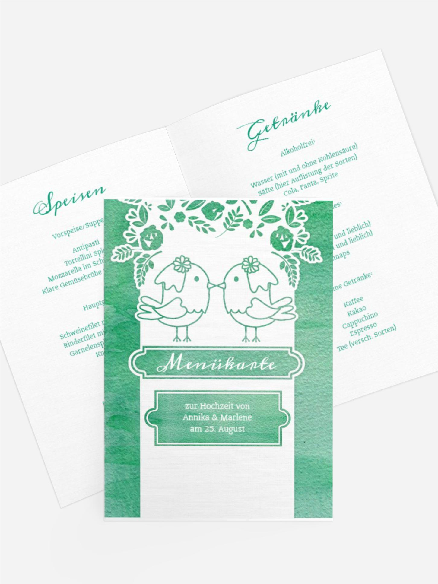 Hochzeitsmenükarte Vogelpaar Brautkleid