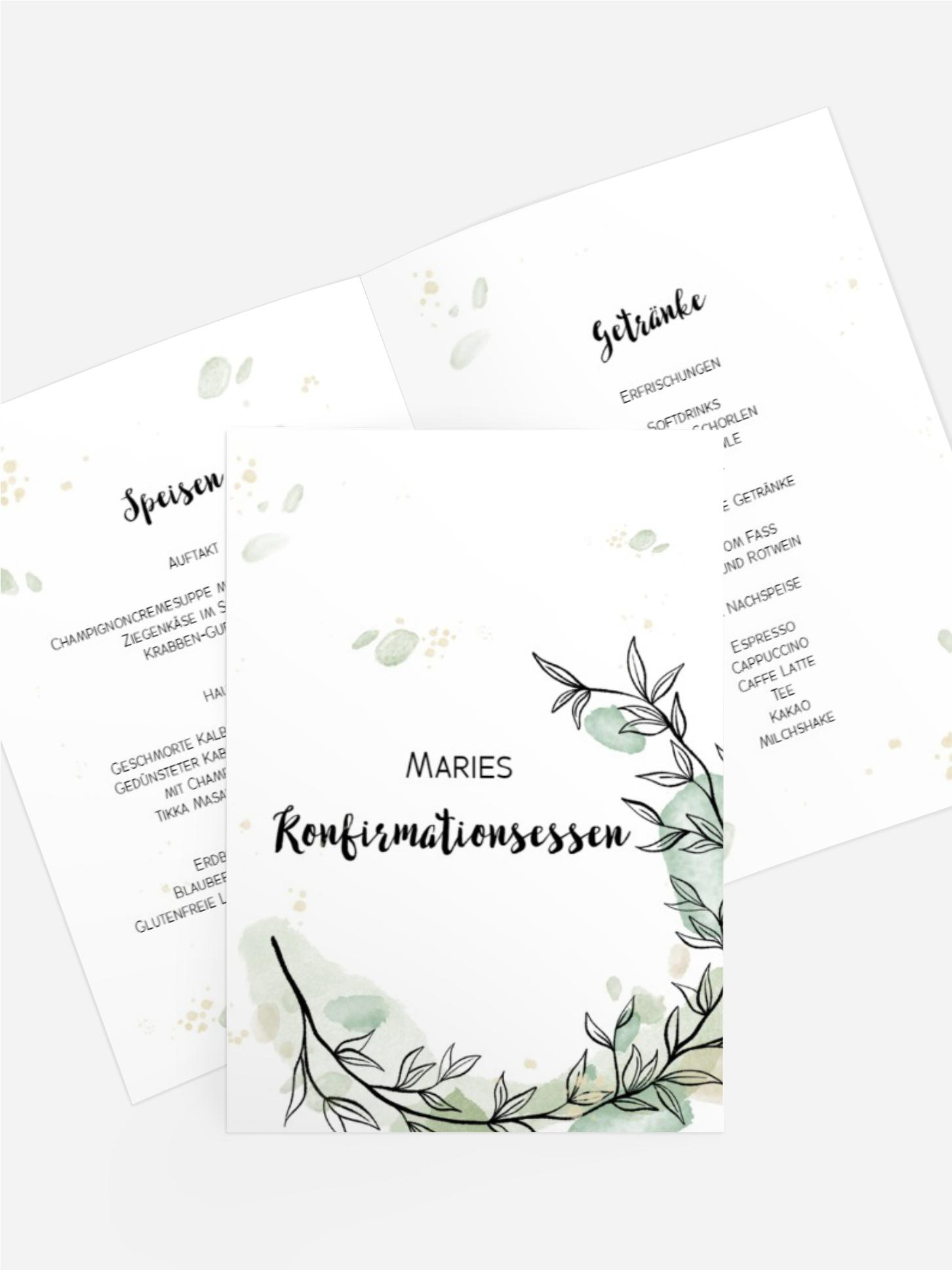 Menükarte Konfirmation Aquarellflecken und Zweige