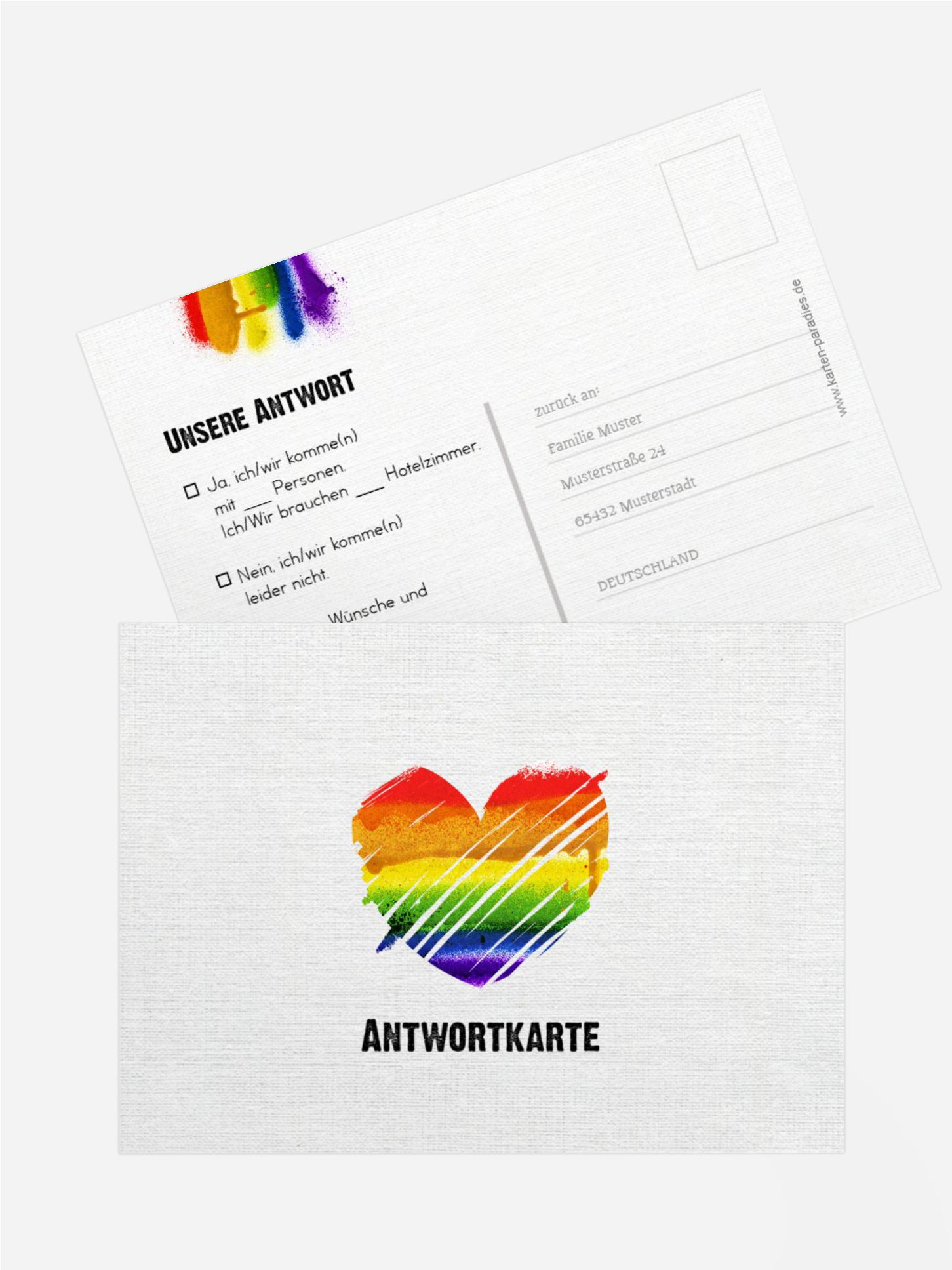 Antwortkarte zur Hochzeit Regenbogenliebe