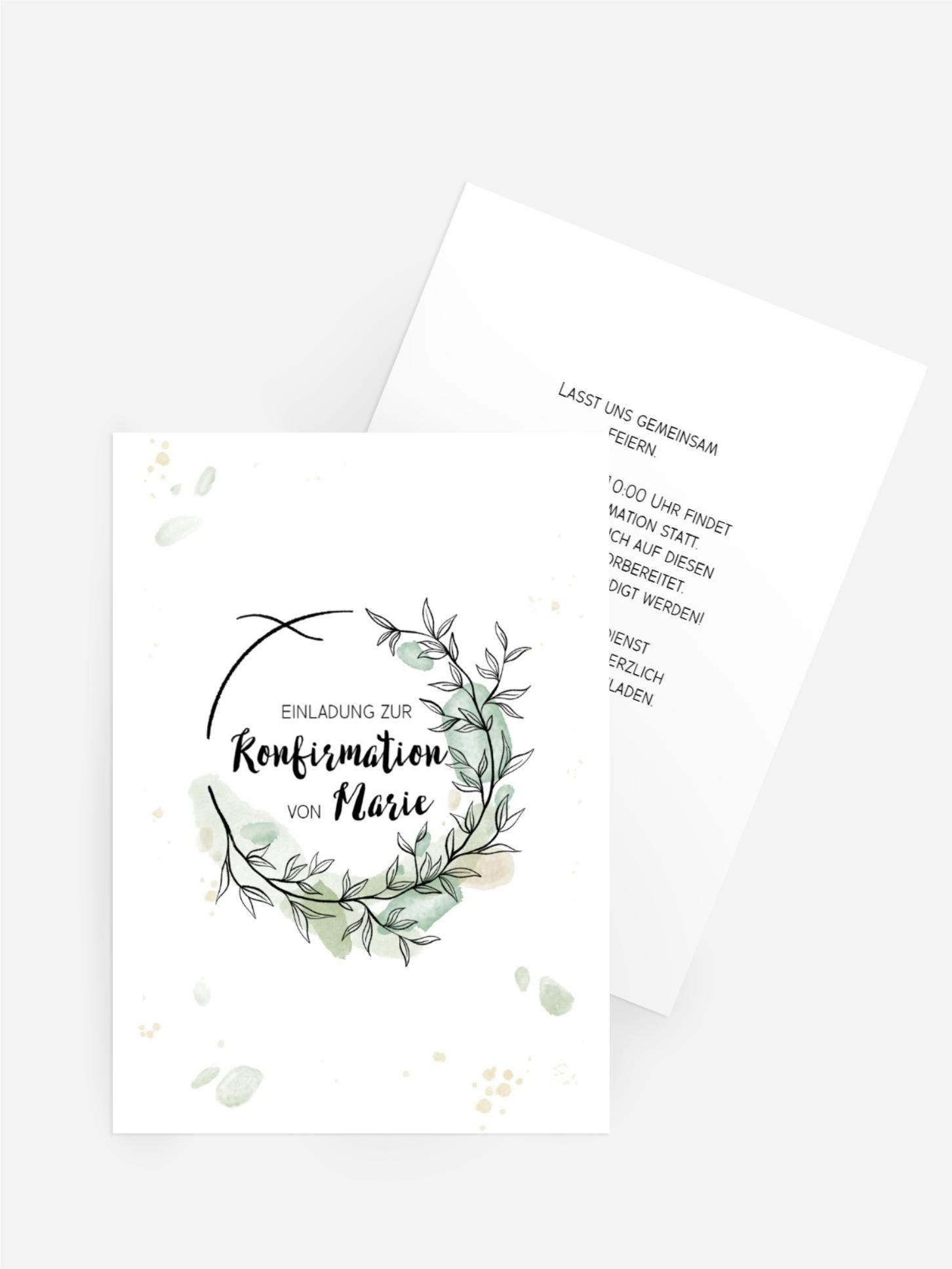 Einladungskarte Konfirmation Aquarellflecken und Zweige Einladungskarte Konfirmation Aquarellflecken und Zweige