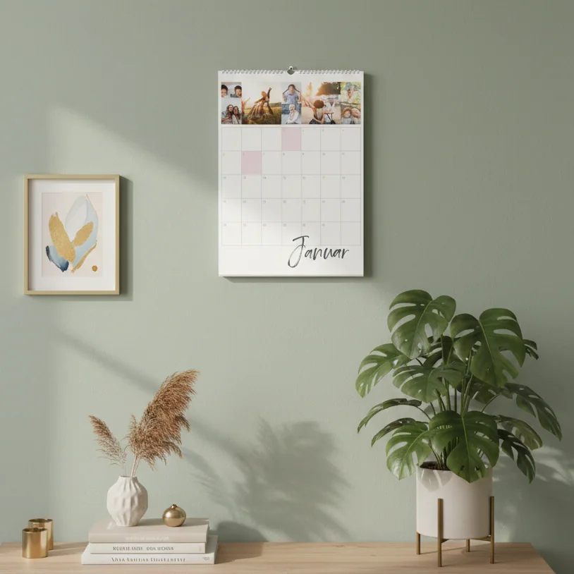 Geburtstagskalender hängend an einer grünen Wand über einem modernen Sideboard in einer hellen Wohnung.