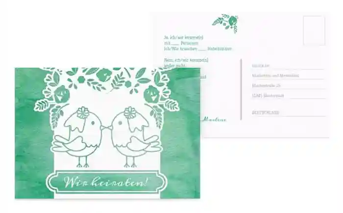 Antwortkarte zur Hochzeit Vogelpaar Brautkleid