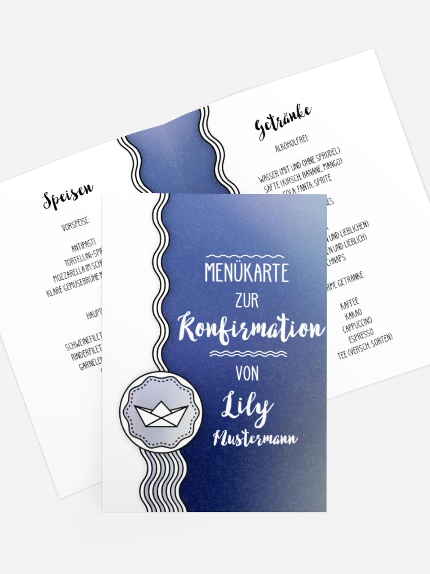 Menükarte Konfirmation Schifffahrt
