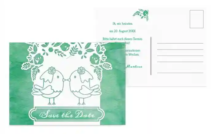 Save the Date Karte zur Hochzeit Vogelpaar Brautkleid