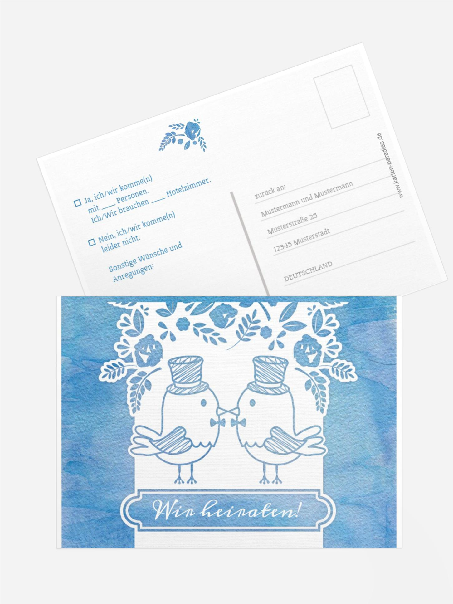 Antwortkarte zur Hochzeit Vogelpaar Zylinder