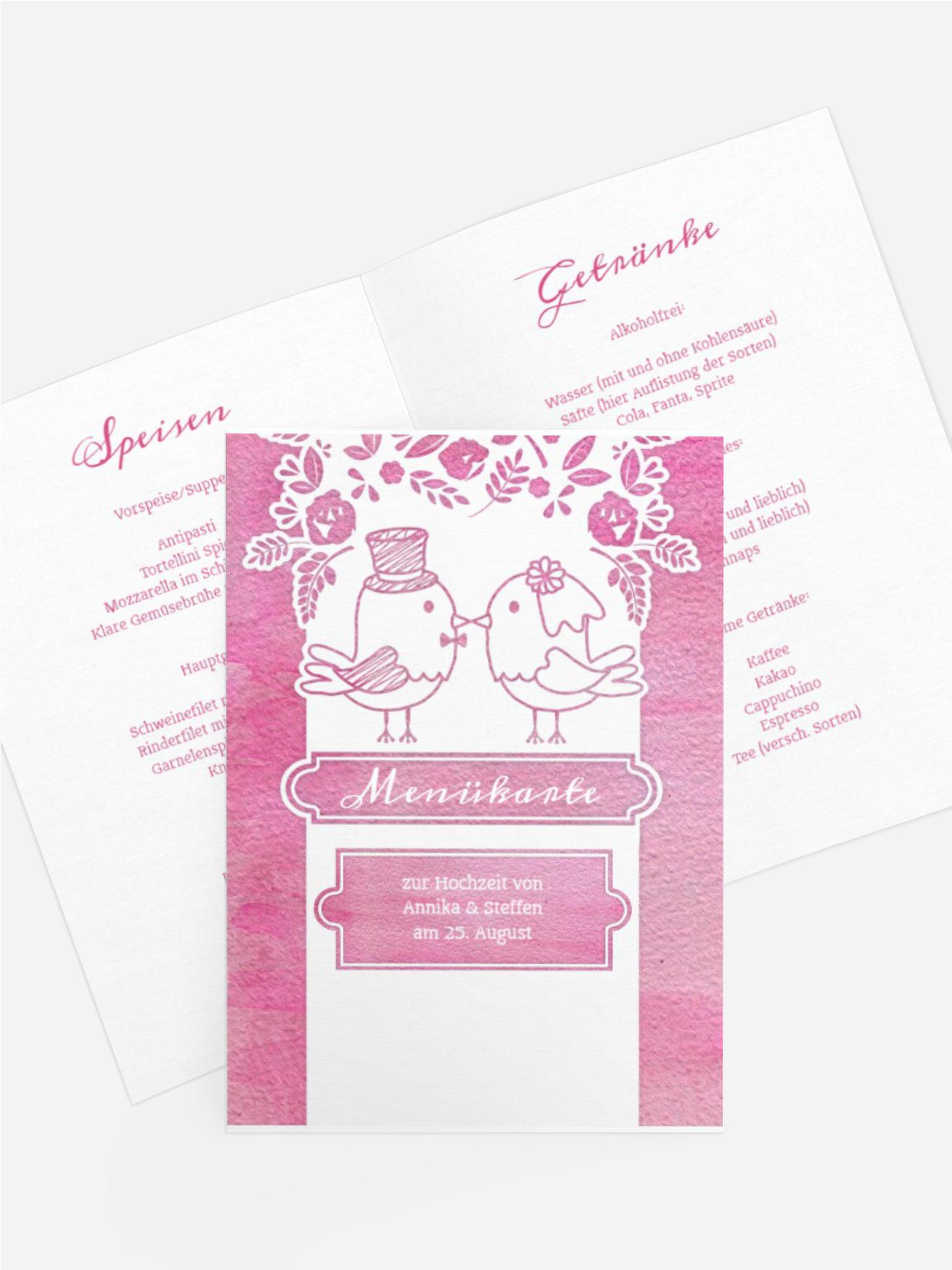 Hochzeitsmenükarte Vogelpaar