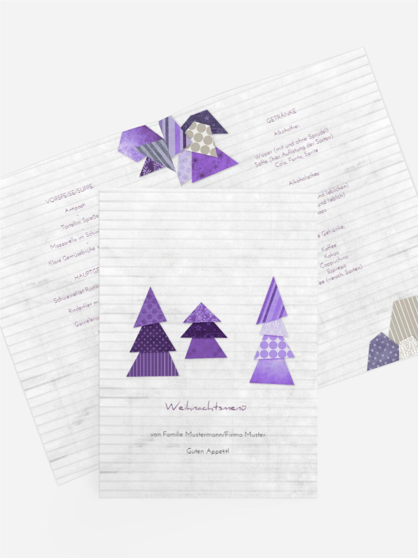 Weihnachtsmenükarte Schnipselbäume
