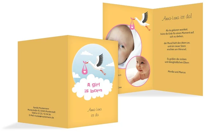 Karte zur Geburt Storch Mädchen