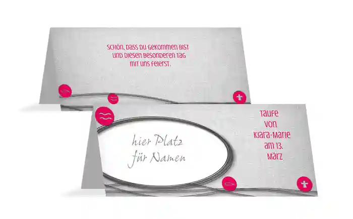 Tischkarte Taufe Taufsymbole an Schnüren