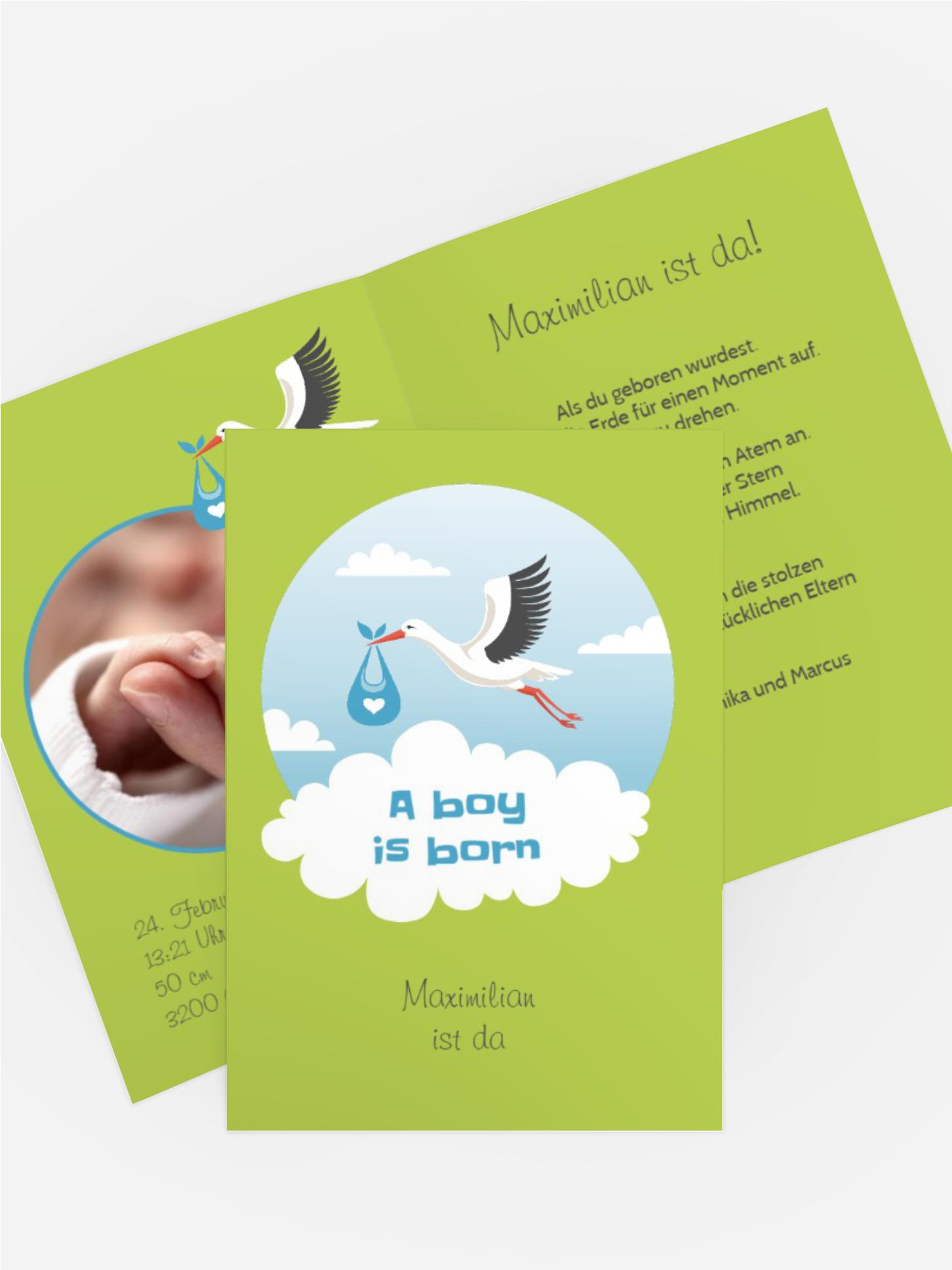 Karte zur Geburt Storch Junge