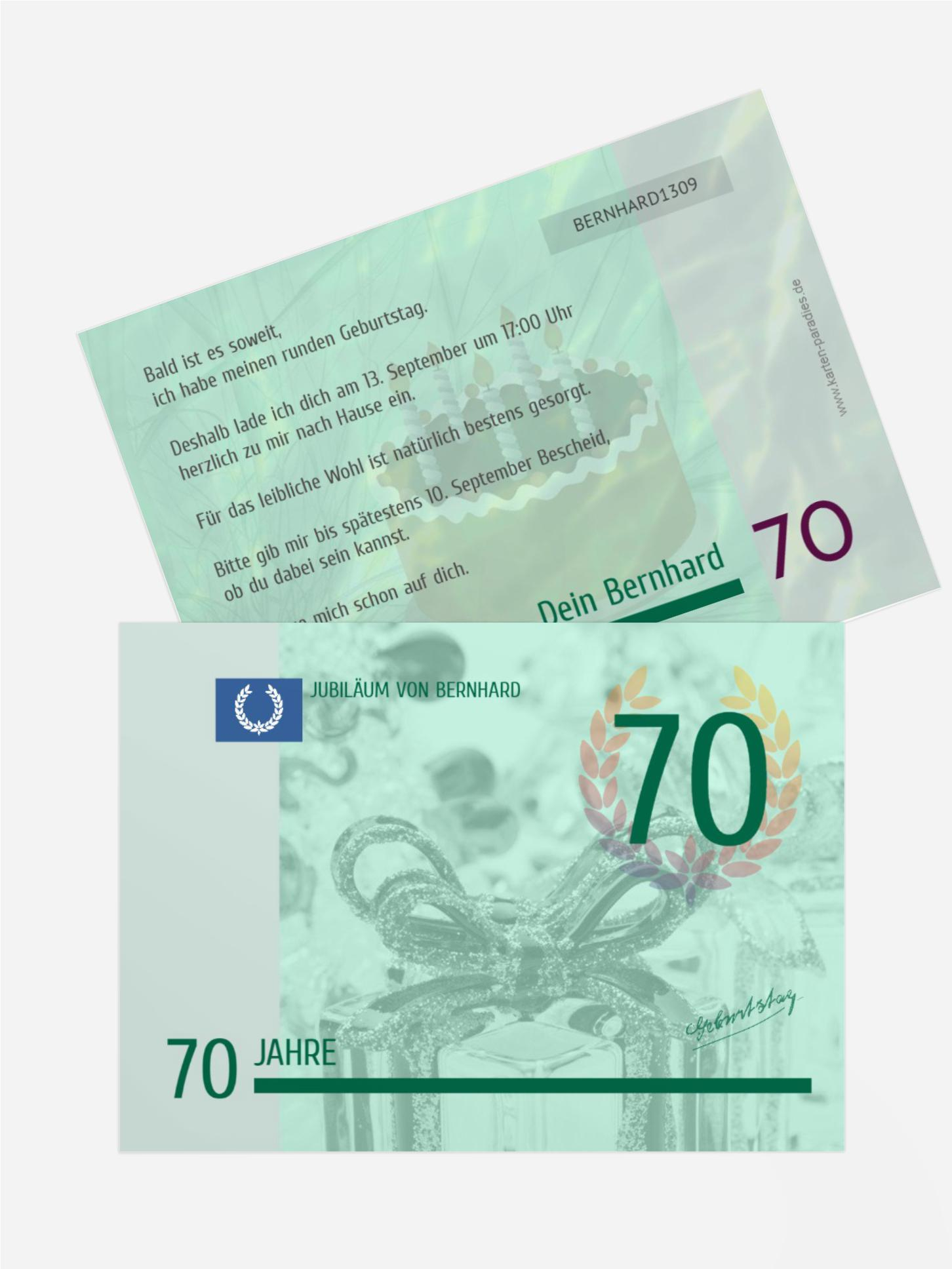 Einladungskarte zum Geburtstag Geldschein 70