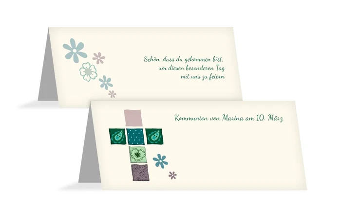 Tischkarte Kommunion Florales Kreuz