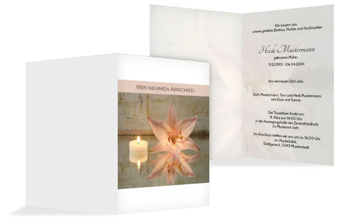 Trauerkarte Kerze und Blumen hoch