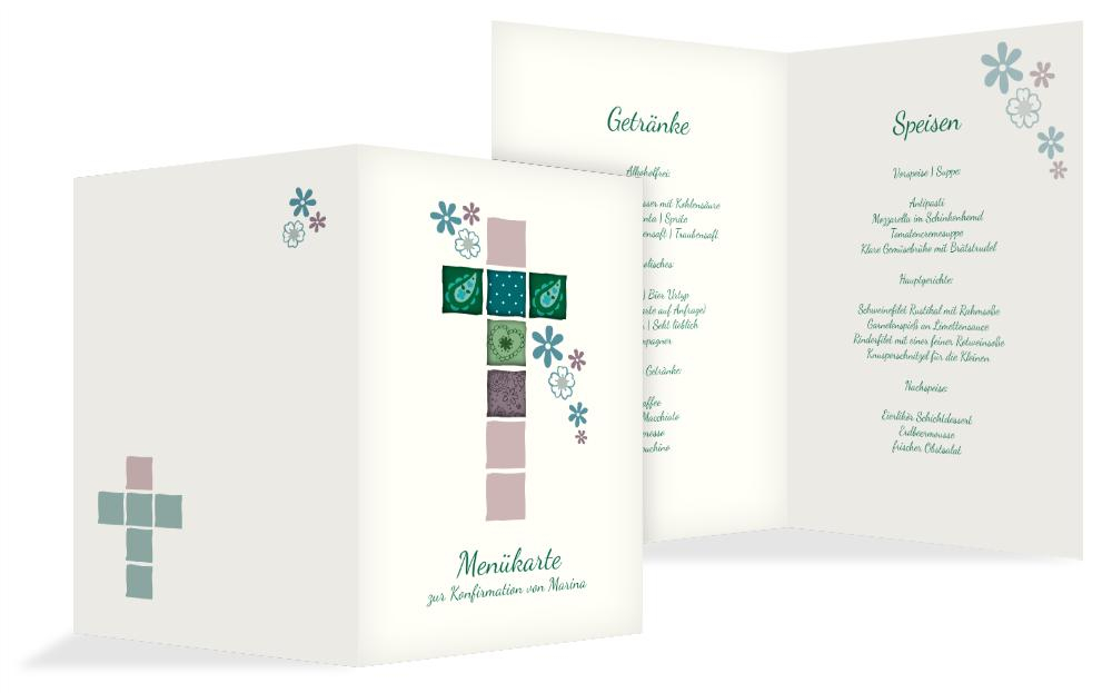 Menükarte Konfirmation Florales Kreuz