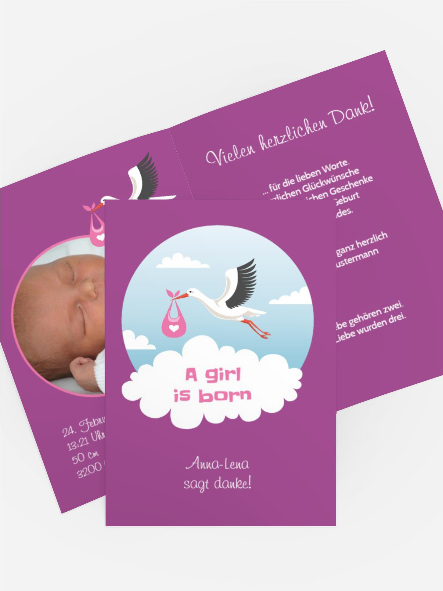Dankeskarte zur Geburt Storch Mädchen