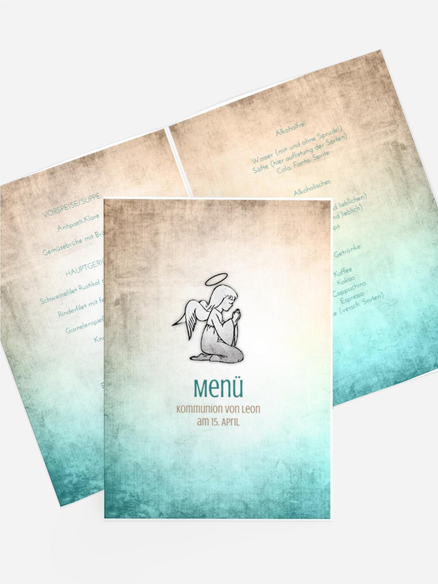 Menükarte Kommunion grunge Engel