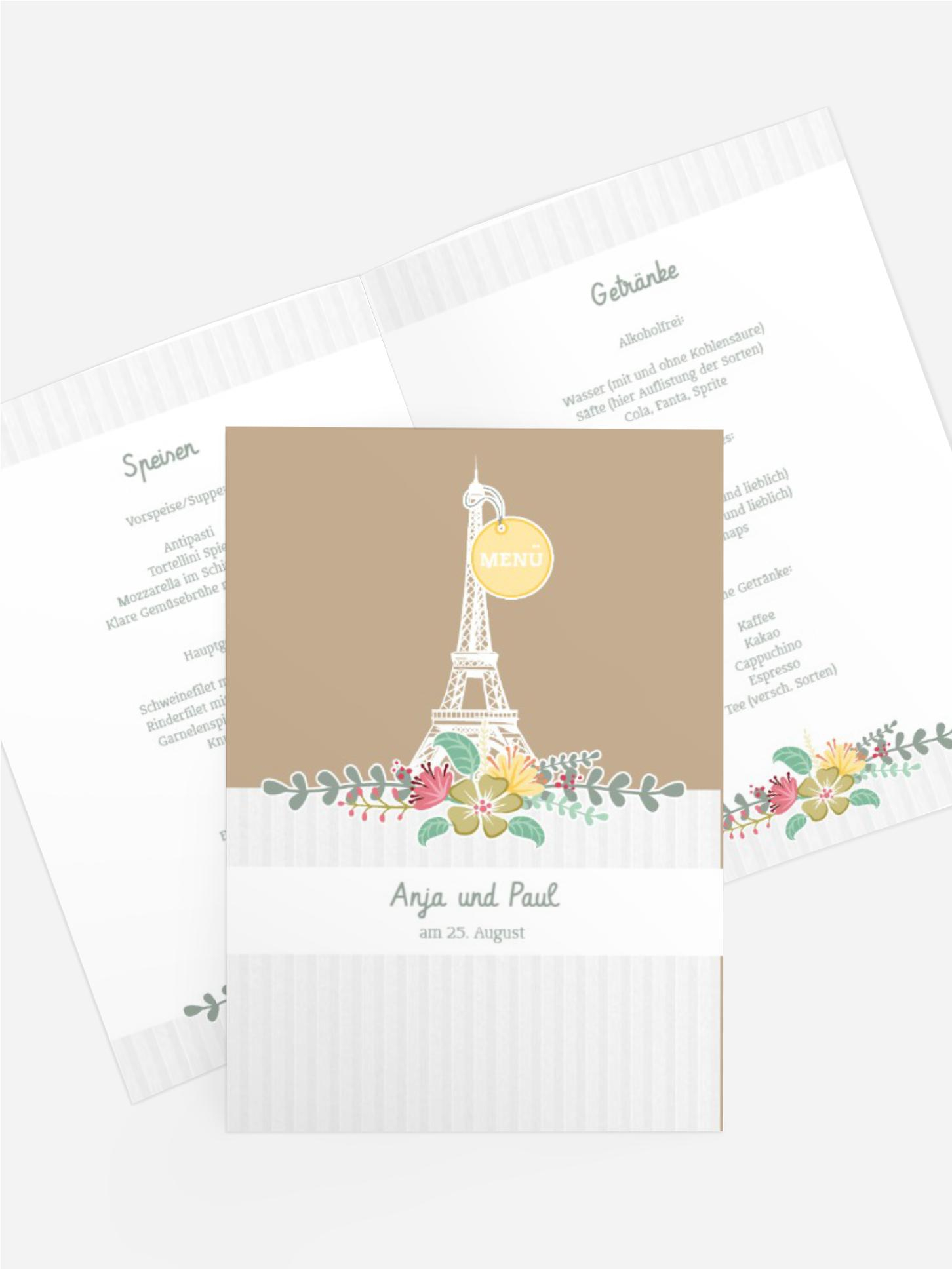Menükarte zur Hochzeit Paris