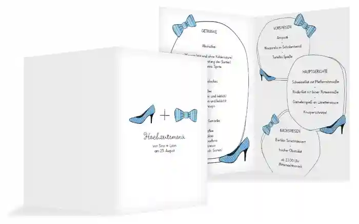 Menükarte zur Hochzeit High Heel und Fliege