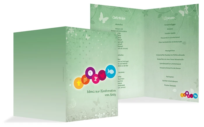 Menükarte zur Konfirmation bunte Elemente