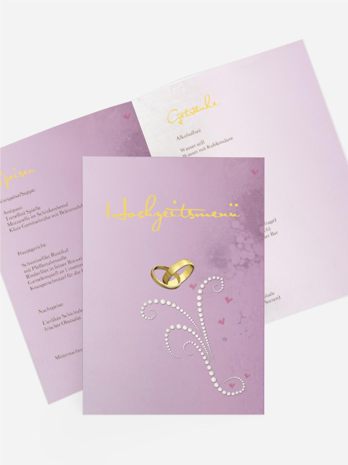 Menükarte zur Hochzeit Eheringe Perlen