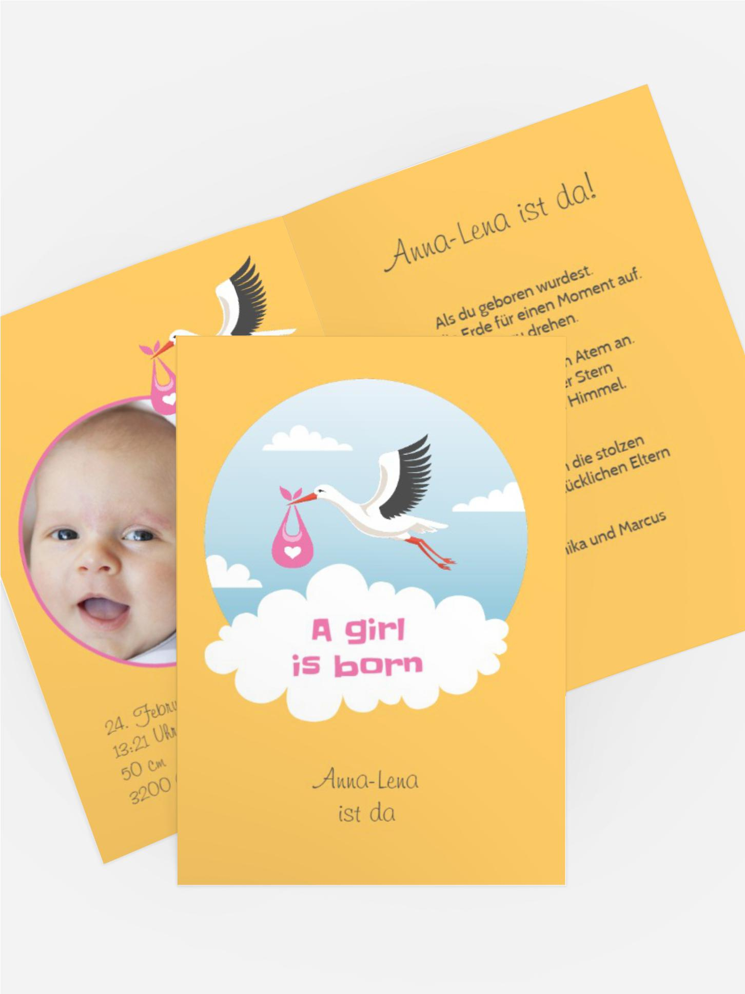 Karte zur Geburt Storch Mädchen