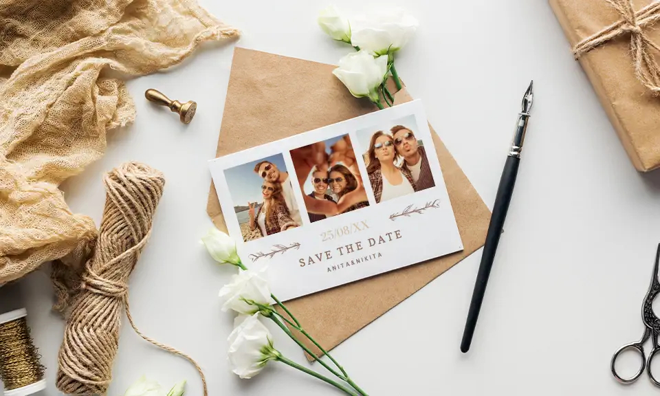 Hochzeitskarte, Save-the-Date-Karte mit einer Foto-Trilogie eines Hochzeitspaares, weiß