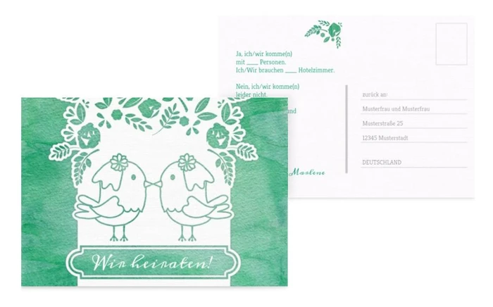 Antwortkarte zur Hochzeit Vogelpaar Brautkleid