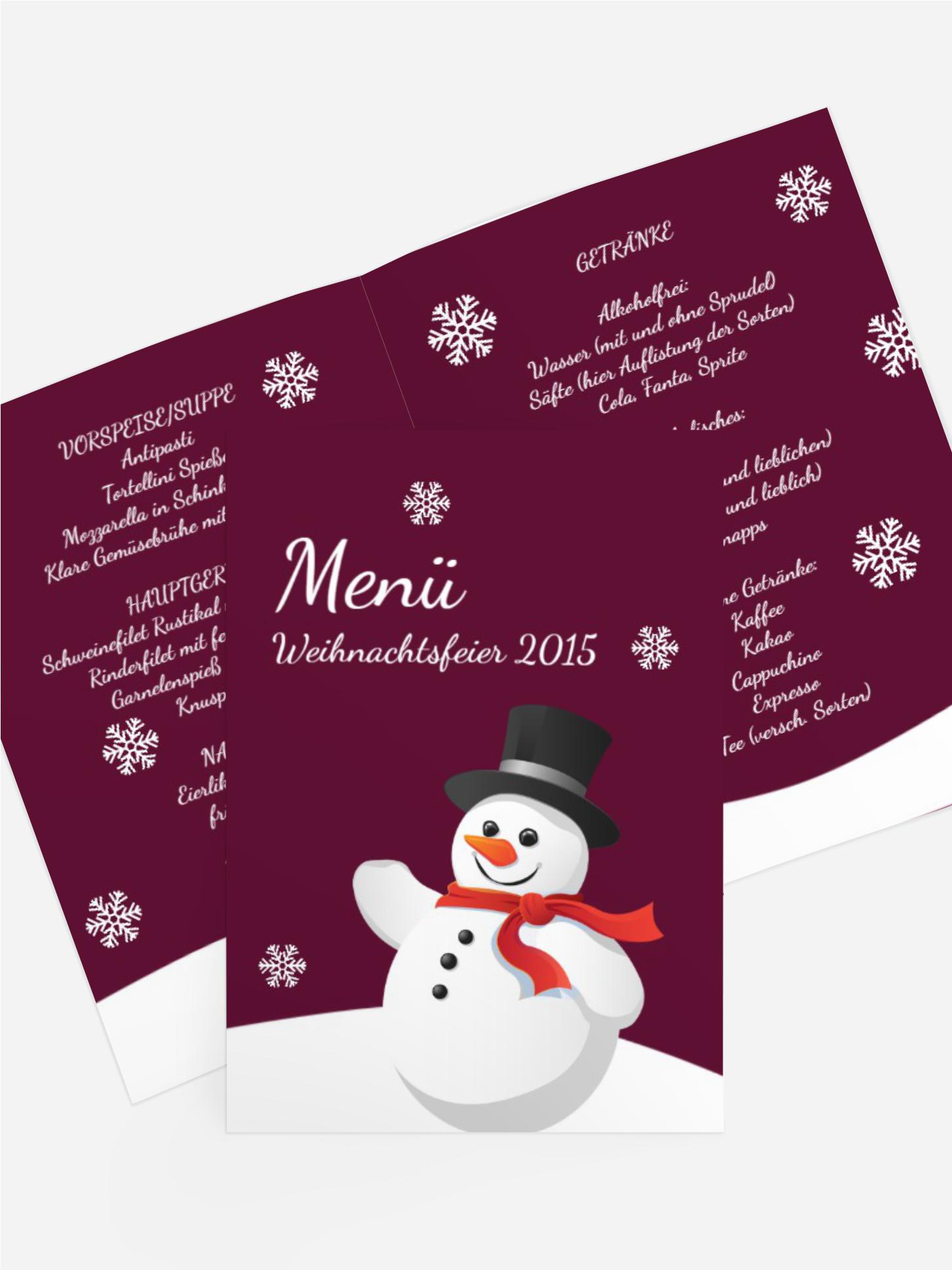 Weihnachtsmenükarte Schneemann
