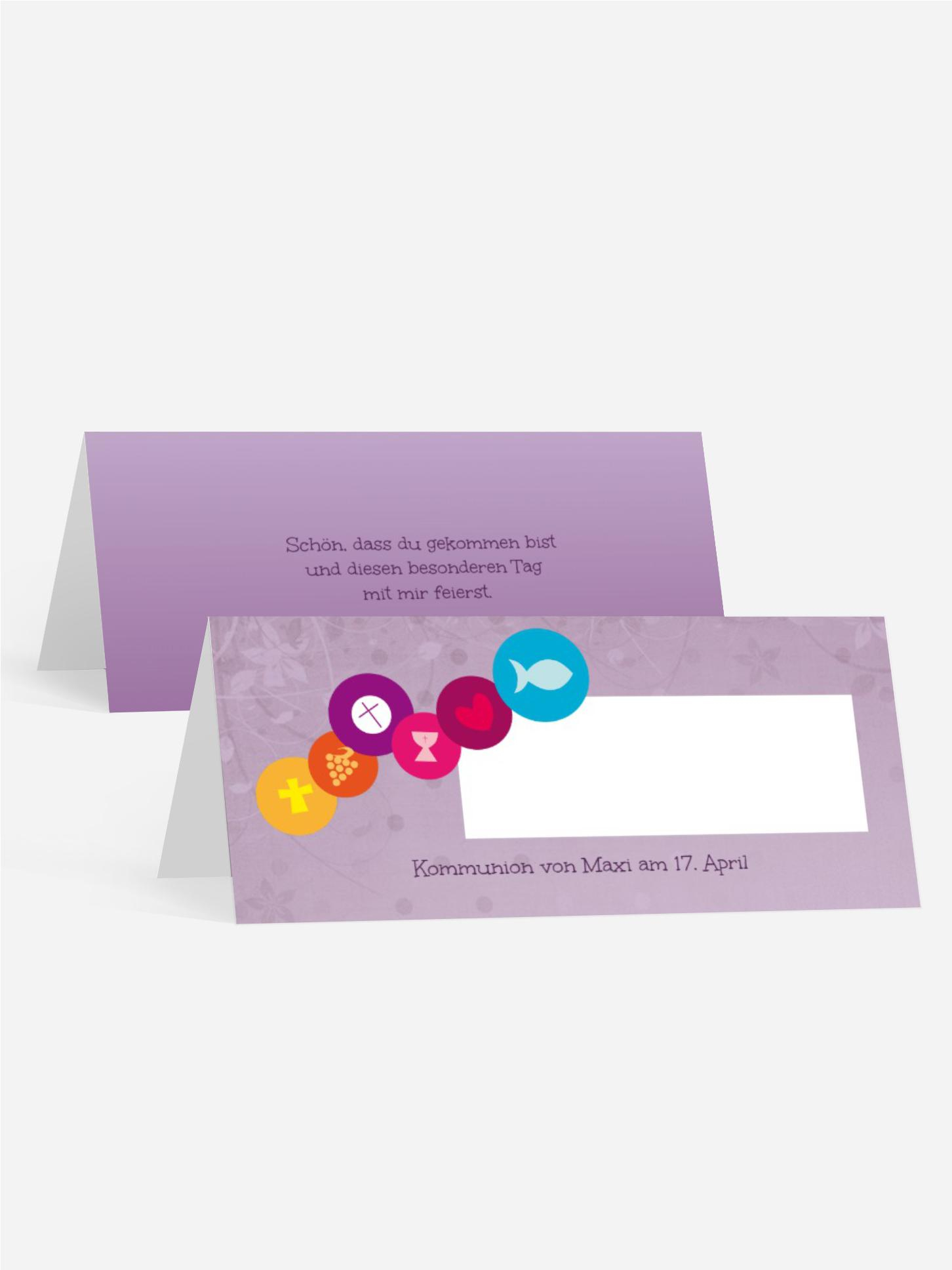 Tischkarte zur Kommunion bunte Elemente