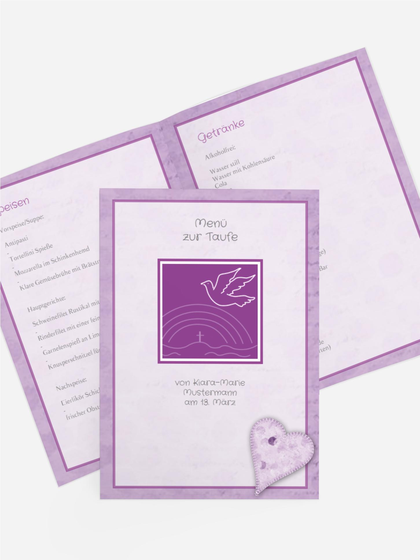 Menükarte Taufe Bubblehearts