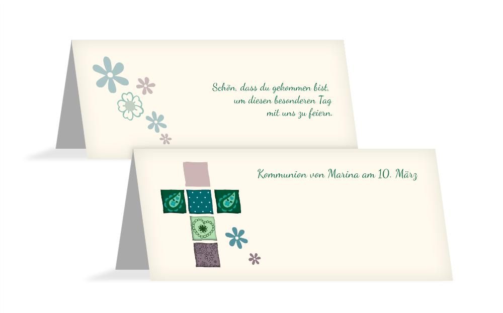 Tischkarte Kommunion Florales Kreuz