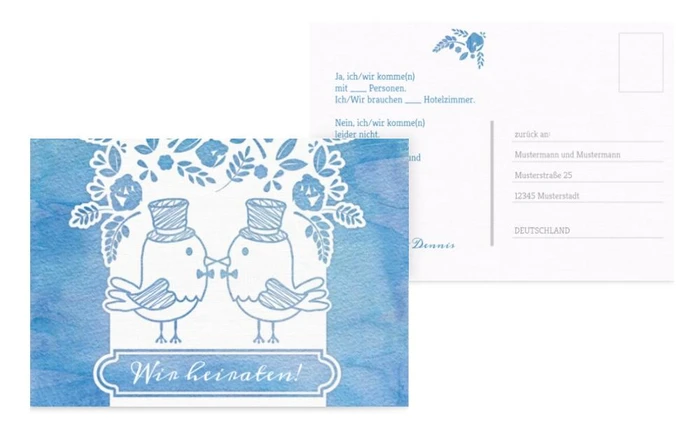 Antwortkarte zur Hochzeit Vogelpaar Zylinder