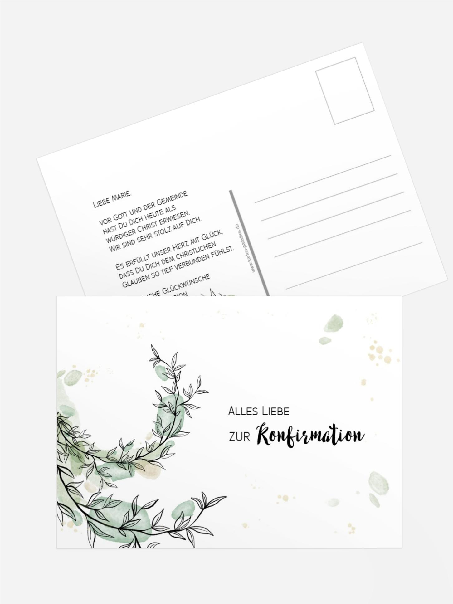 Glückwunschkarte Konfirmation Aquarellflecken und Zweige